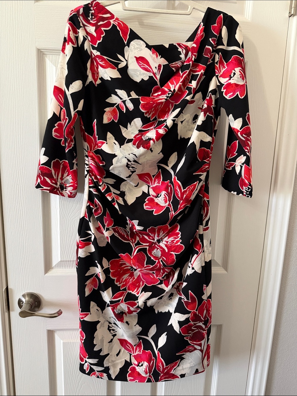 White House Black Market Black Red & White Floral Draped Midi Dress